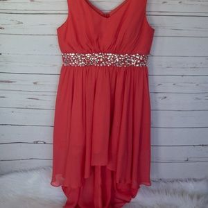 Coral high low beaded waist dress